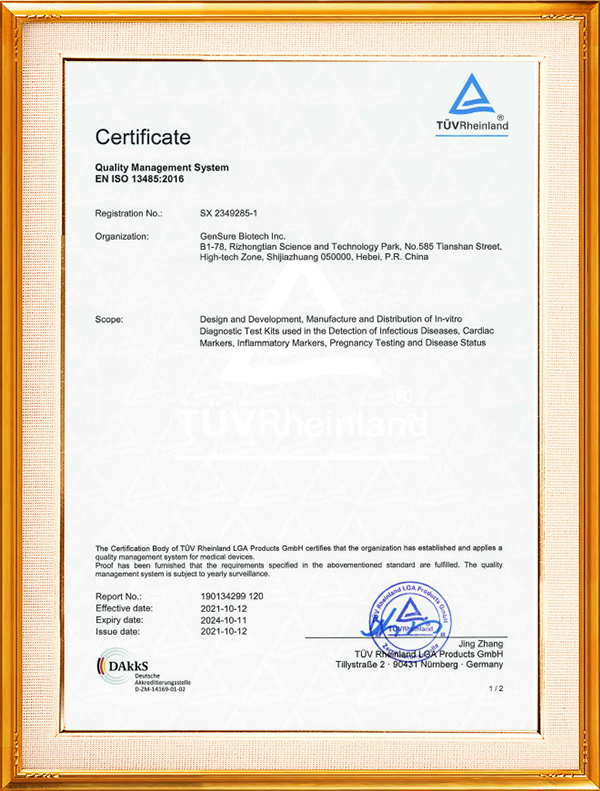 Deutsches Zertifikat des Qualitätssystems Rhein ISO13485:2016